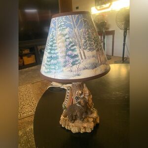 Rustic Bear Table Lamp with Forest Scene Shade. Works Great. Cabin or kids room.